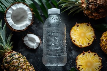 A drink bottle with condensation, surrounded by tropical fruits like pineapple and coconut, representing exotic flavors and hydration for sustained energy.