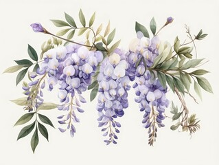 A delicate watercolor illustration of cascading wisteria blooms in shades of purple, surrounded by lush green leaves on a soft background.