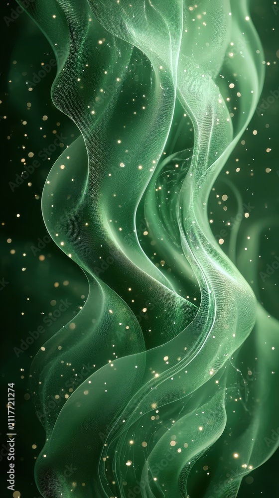 Poster elegant green waves undulating with shimmering particles in a serene atmosphere