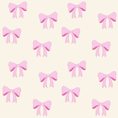 Cute coquette pattern seamless pink ribbon bow isolated on beige background