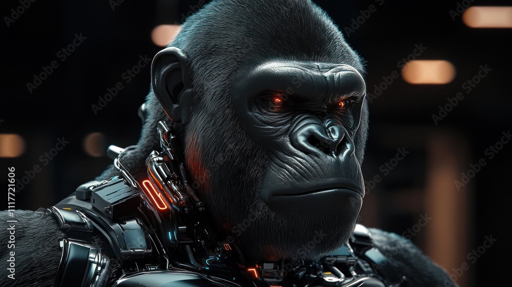 Poster cybernetic gorilla with glowing features and robotic elements