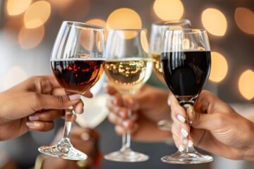 Group of friends toasting with red and white wine glasses against a warm bokeh background.