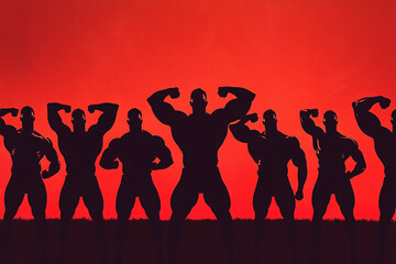 Fototapeta premium bodybuilders flexing in silhouette on a bold red background with vivid contrast 