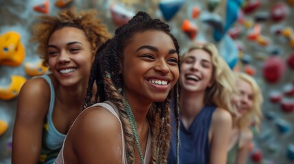 Fototapeta premium A group of diverse young women resting and laughing together in a climbing gym after a fun workout, with colorful climbing holds in the background.