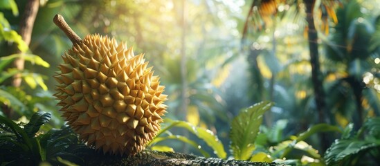 The golden treasure of the tropical forest a close up view of the spiky and exotic durian fruit nestled in the lush green foliage