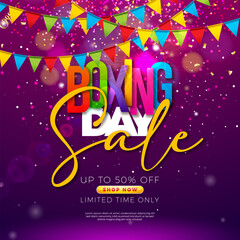 Boxing Day Sale Design with Colorful Typography Lettering and Party Flag on Shiny Violet Background. Christmas Holiday Vector Business Illustration with Special Offer Elements for Coupon, Voucher