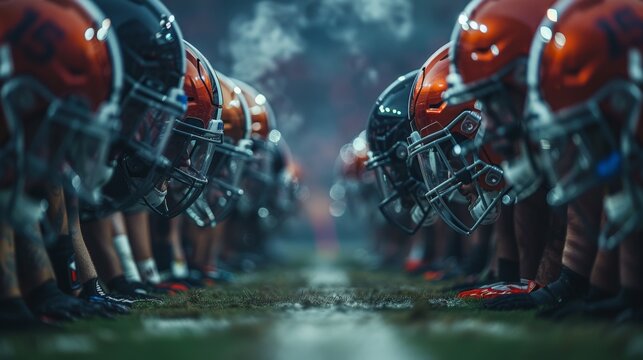 Two American football teams face each other in an intense line of scrimmage, ready for action under bright stadium lights on a rainy night.