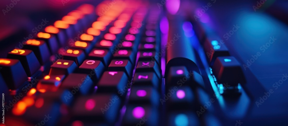Poster a close-up of a black keyboard with rgb lighting, the keys are illuminated in a colorful gradient.