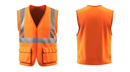  Orange worker safety vest front and back view isolated on transparent white background