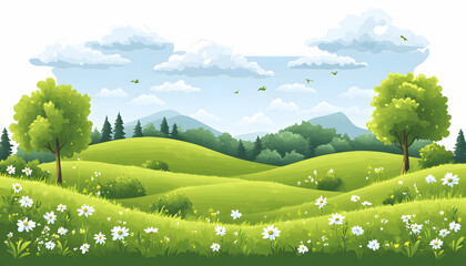 Idyllic green hills, trees, flowers, and a blue sky.