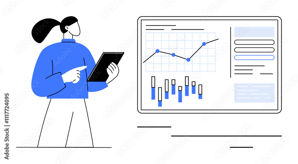 Poster person reviewing data on tablet with large screen displaying interactive graphs, charts, and reports