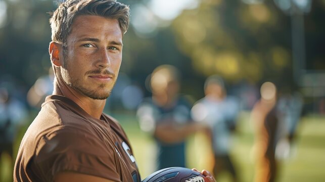Close-up portrait of a football player with eye black, standing confidently during a team huddle, reflecting determination and focus.