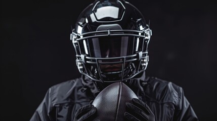 Close-up of a football player with a red helmet, focusing intensely as raindrops fall on his gear before the game begins.