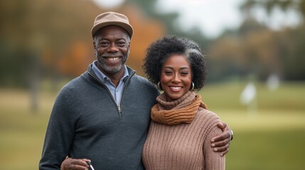 Happy senior couple posing on a golf course, smiling and enjoying their time outdoors during an autumn afternoon.