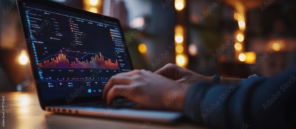 Poster a man's hands are typing on a laptop keyboard with a graph on the screen. the laptop is on a wooden 