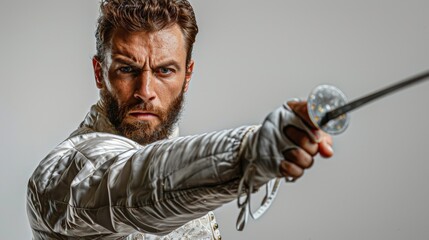 Dynamic shot of a fencer lunging forward during a match, wearing full protective gear and holding a fencing sword.