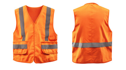  Orange worker safety vest front and back view isolated on transparent white background