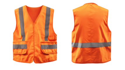  Orange worker safety vest front and back view isolated on transparent white background