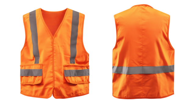  Orange worker safety vest front and back view isolated on transparent white background