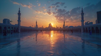 Obraz premium Sunrise over majestic mosque with shimmering reflections on marble at dawn in a serene cityscape. Generative AI