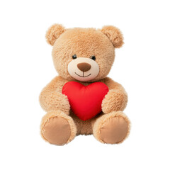 Obraz premium Soft teddy bear holding red heart, symbolizing love and affection. Perfect for gifts and decorations. isolated on transparent background