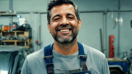 Smiley middle aged mixed race car repair master looking at camera. A smiley car repair master who loves his work! Watch him share tips and tricks for your vehicle.