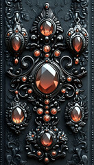 Ornate dark metal frame with glowing red gems.