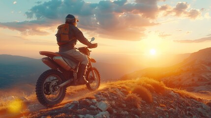 A motocross rider speeding through a rugged trail at sunset, kicking up dirt as they navigate the off-road terrain.