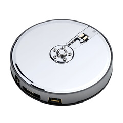 Sleek silver external hard drive with USB ports and shiny surface. Ideal for data storage and transfer. isolated on transparent background