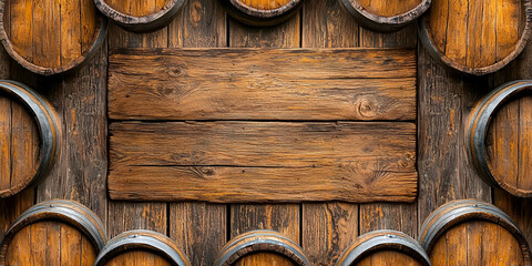 Fototapeta premium A rustic wooden background featuring several barrels arranged around a central blank space, ideal for showcasing text or images.