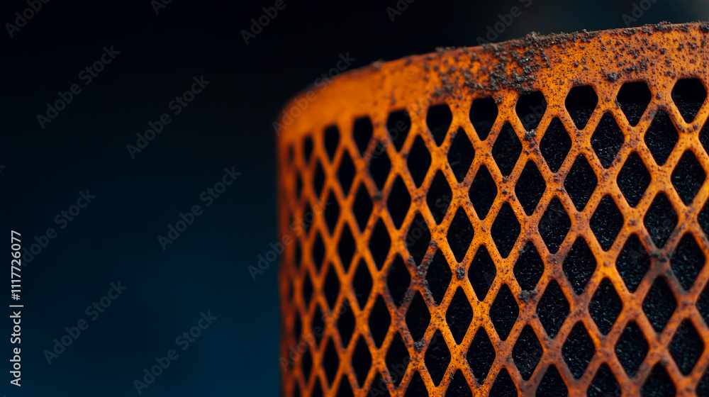 Poster furnace filter concept. rusty metal object with a mesh pattern against a dark background.