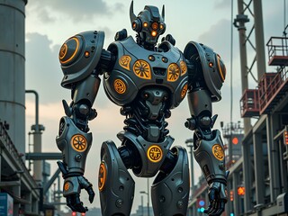 Fototapeta premium Futuristic robot guardian in an urban landscape with glowing emblems, digital art of sci fi concept.
