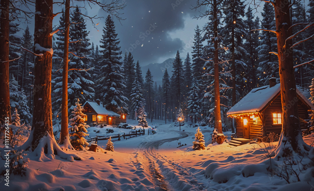 Poster a snowy forest with a path leading to two cabins. the cabins are lit up with lights, creating a cozy