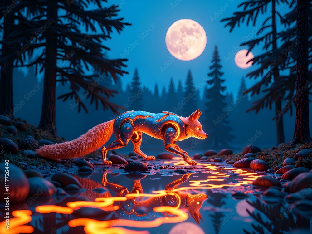 Canvas Prints a glowing robotic fox strolling by a shimmering stream under a full moon, digital art of fantasy con