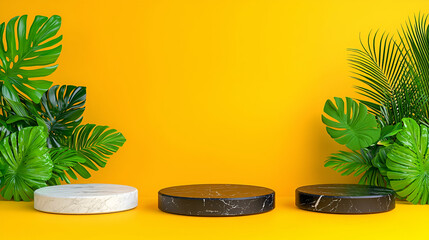 Obraz premium A vibrant scene featuring three circular objects on a yellow background, surrounded by lush green foliage, creating a lively and tropical atmosphere.