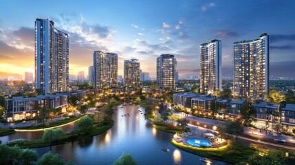 Fototapeta premium Luxury Waterfront Apartments at Dusk: A Serene Evening in a Modern City
