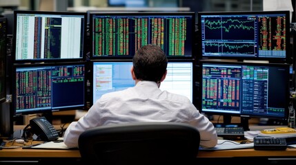 Over the Shoulder Shot of Financial Analyst Working with Monitors