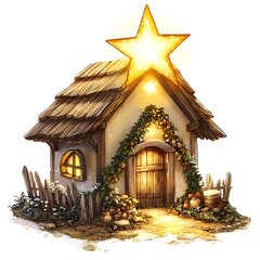 Fototapeta premium Glowing Anime Star Guiding to Rustic Manger on White Background