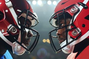 Intense close-up of two American football players facing off in the rain under bright stadium lights.