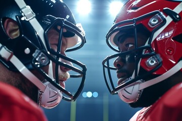 Intense close-up of two American football players facing off in the rain under bright stadium lights.