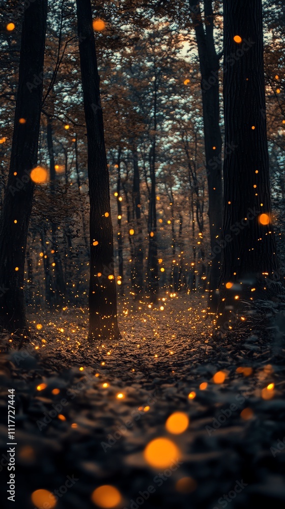 Aufkleber a mystical forest scene illuminated by glowing orbs, creating an enchanting atmosphere.