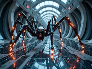 Futuristic robotic spider crawling through a high tech corridor of light and technology, digital art of conceptual robotics concept.