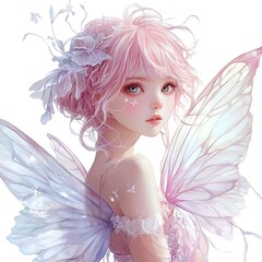 Anime girl with delicate fairy wings and pastel pink hair on a white background.
