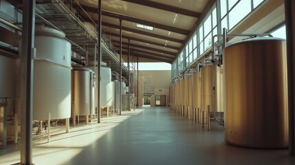 Industrial Interior with Rows of Stainless Steel Tanks