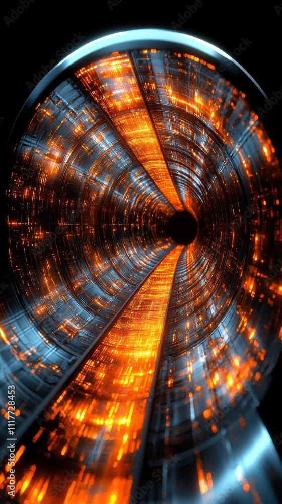 Poster abstract representation of a glowing tunnel with vibrant lights and intricate patterns in a dark env