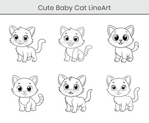 A set of cute baby cat lineart on white background