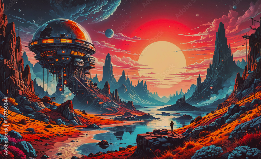 Aufkleber A colorful space scene with a large planet and a small one. A man is standing on the ground in the foreground