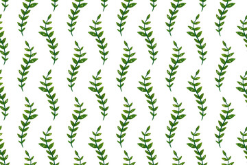 Seamless pattern with green twigs with leaves on a white background. Hand drawn watercolor illustration. Drawing for fabrics, paper, cards.  flowers, plants, cartoon,