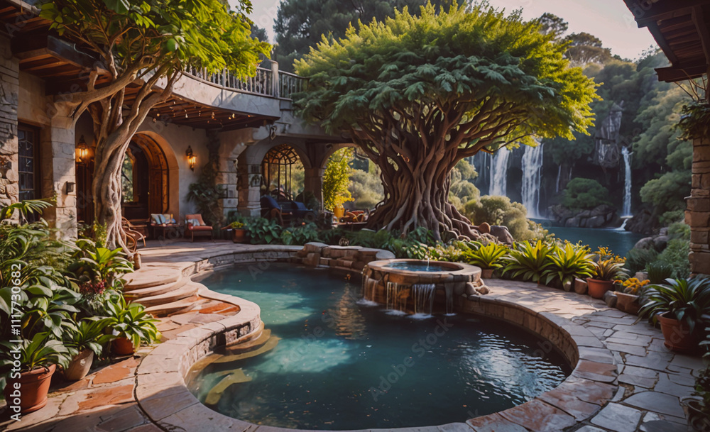 Poster A large tree with a waterfall in the background. The tree is surrounded by potted plants and a pool
