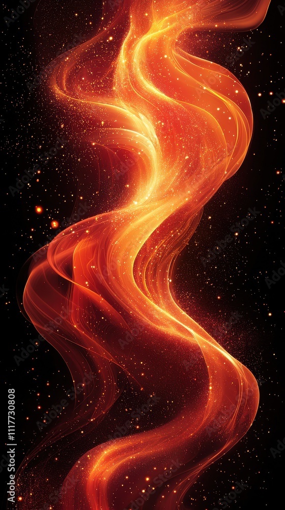 Poster swirling orange and gold patterns create a dynamic visual on a dark backdrop in a cosmic atmosphere